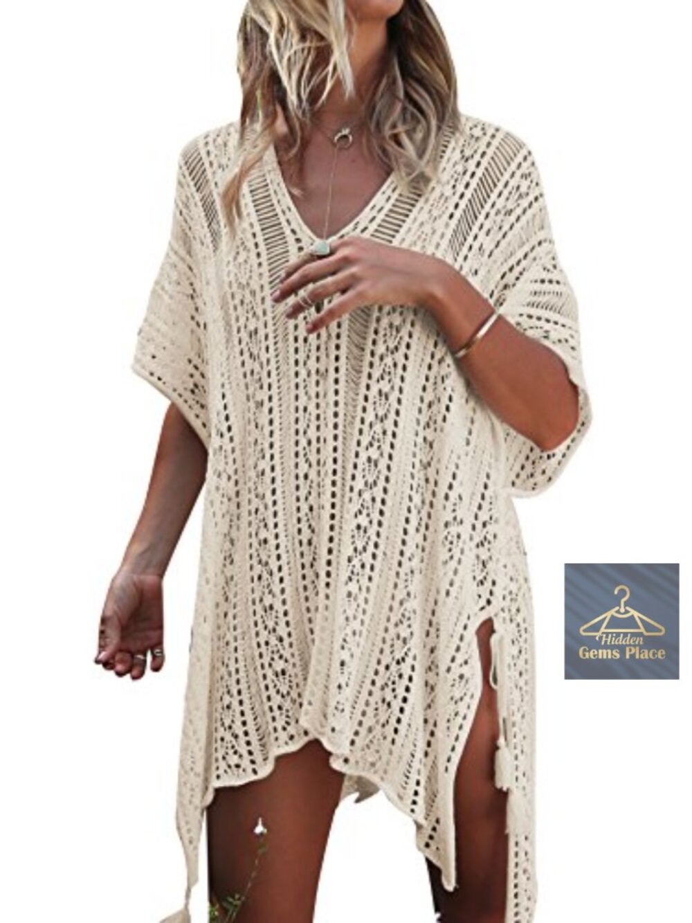 Crochet Bathing Suit Cover Up V-Neck Drawstring Beach Dress